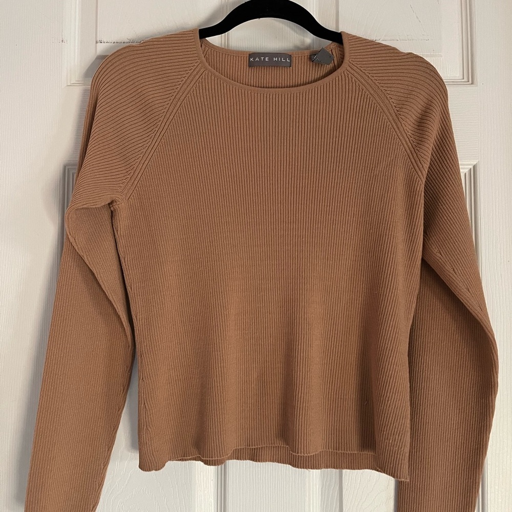Kate Hill Ribbed Crewneck Sweater in Camel Brown